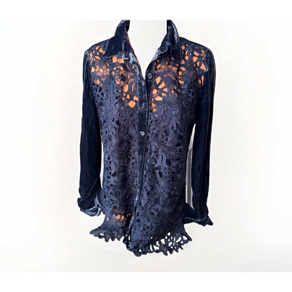 Johnny Was Jade Flicka Button Down Shirt Size S Blue Velvet Crochet Blouse Silk